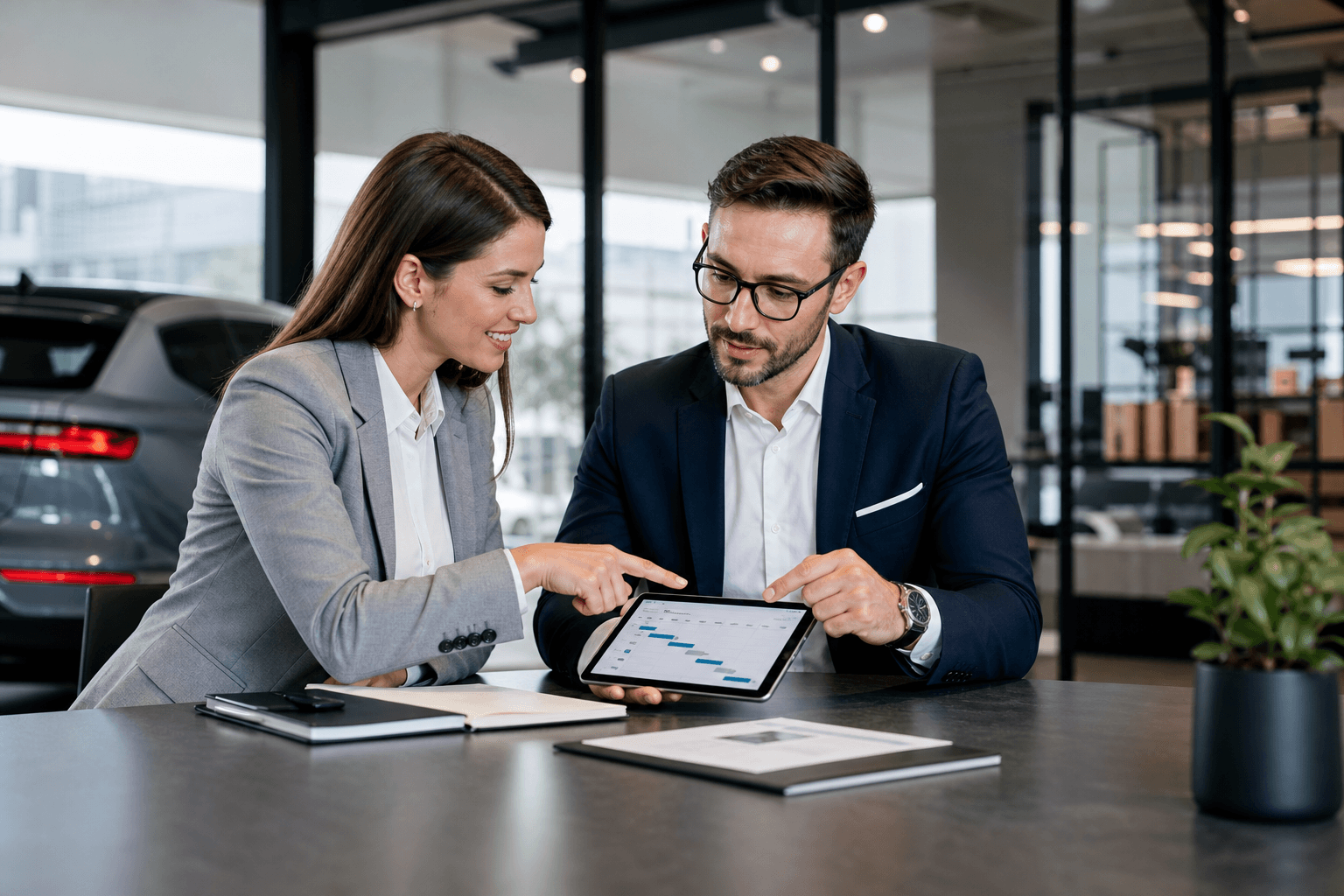 Professionals coordinating the next steps on a tablet