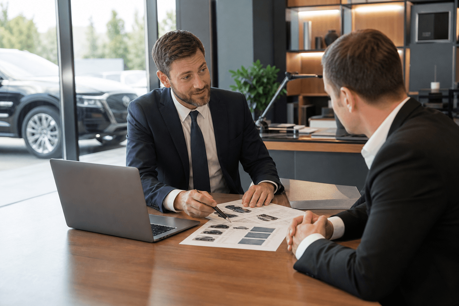 Business consultant reviewing the vehicle brief with a client